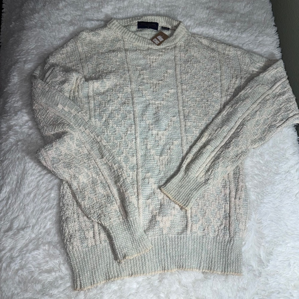 Van Heusen Mens Cotton Knit Sweater Cream Blue Geometric Textured Pullover M‎